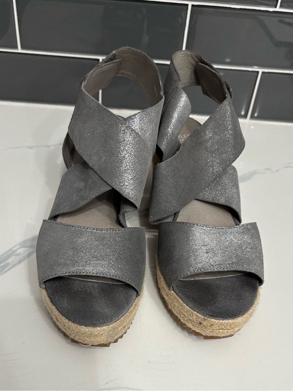 Eileen Fisher Willow Espadrille Wedge Sandals Metallic Grey Suede Size 9